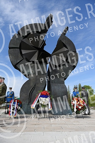 State wreath-laying ceremony and state and military honors to mark Holocaust Remembrance Day, genocide and other victims of World War II fascism at the Monument to the Victims of World War II Genocide within the former Nazi death camp complex, 