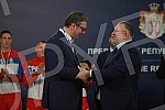 The President of the Republic of Serbia, Aleksandar Vucic, received the winners of gold medals at the European Boxing Championships, Vahid Abasov and Artyom Ageyev, as well as members of the delegation of the Boxing Federation of Serbia and the Olymp