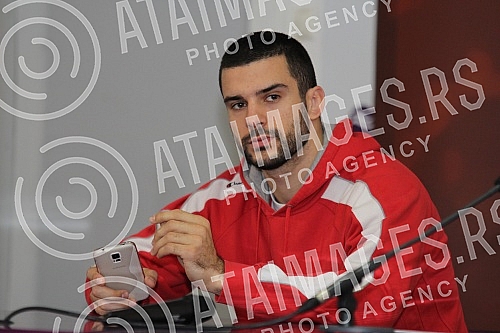 Konferencija za medije odrzana u pres centru Kombank arene KK Crvena zvezda Telekom Branka Lazica i Dejana Radonjica pred utakmicu Evrolige sa Olimpijakosom