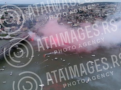 Spectacular celebration of the 32nd title of Serbian champion, fans and football players of FC Red Star from a bird's eye view.Spektakularna proslava 32. titule sampiona Srbije navijaca i fudbalera FK Crvena zvezda iz pticje perspektive.