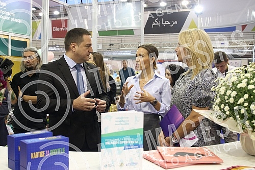 First Deputy Prime Minister and Minister of Education, Science and Technological Development Branko Ruzic with Novak and Jelena Djokovic visited the stand of the Ministry of Education, Science and Technological Development at the Education Fair in Ha