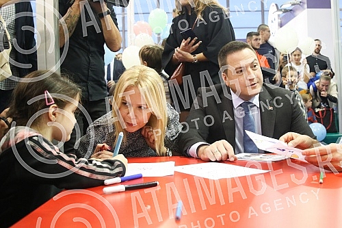 First Deputy Prime Minister and Minister of Education, Science and Technological Development Branko Ruzic with Novak and Jelena Djokovic visited the stand of the Ministry of Education, Science and Technological Development at the Education Fair in Ha