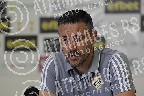 The press conference of the coach of FC Cukaricki, Dusan Kerkez, before the rematch of the second round of qualification for the Conference League between Cukaricki and Racing Union from Luxembourg, was held in the press room of the stadium of FC Cuk