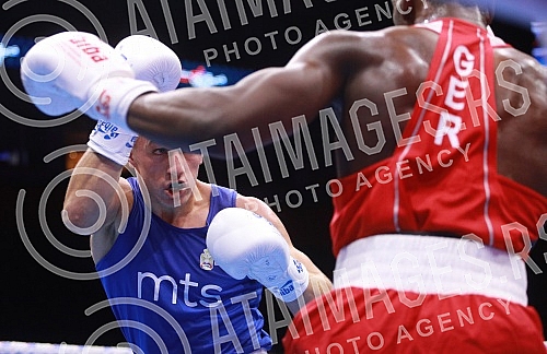 2021 Olympic Boxing World Championships - Stark Arena. Round 32, Middleweight (75kg), Kevin Schumann (Germany) (RED) vs Almir Memic (Serbia).Svetsko prvenstvo u olimpijskom boksu 2021 - Stark arena.