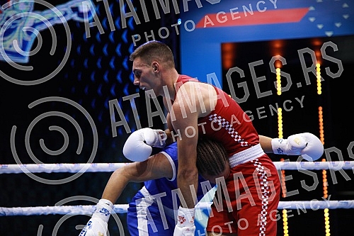 2021 Olympic Boxing World Championships - Stark Arena. Round 32, Men's Middle (75kg), Gabrijel Veocic (Croatia) (RED) vs Leo Cvitanovic (Bosnia and Herzegovina).Svetsko prvenstvo u olimpijskom boksu 2021 - Stark arena.