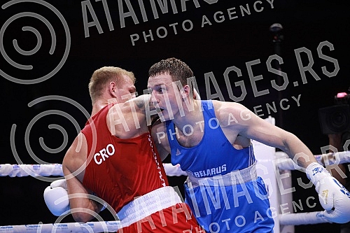 2021 Olympic Boxing World Championships - Stark Arena. Round 32, Light Heavyweight (80kg), Luka Plantic (Croatia) (RED) vs Aliaksei Alfiorau (Belarus). Svetsko prvenstvo u olimpijskom boksu 2021 - Stark arena.