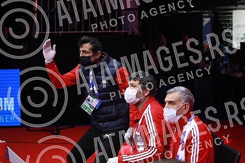 2021 Olympic Boxing World Championships - Stark Arena. Round 32, Light Welterweight (63.5kg), Kerem Oezmen (Turkey) (RED) vs Pavel Fedorov (Serbia).Svetsko prvenstvo u olimpijskom boksu 2021 - Stark arena.
