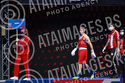 2021 Olympic Boxing World Championships - Stark Arena. Round 32, Light Heavyweight (80kg), Kaan Aykutsun(Turkey) (RED) vs Vladimir Mironchikov (Serbia).Svetsko prvenstvo u olimpijskom boksu 2021 - Stark arena.