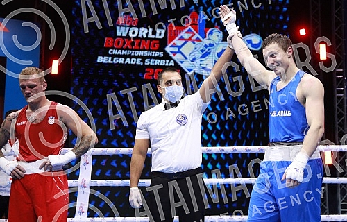 2021 Olympic Boxing World Championships - Stark Arena. Round 32, Light Heavyweight (80kg), Luka Plantic (Croatia) (RED) vs Aliaksei Alfiorau (Belarus). Svetsko prvenstvo u olimpijskom boksu 2021 - Stark arena.