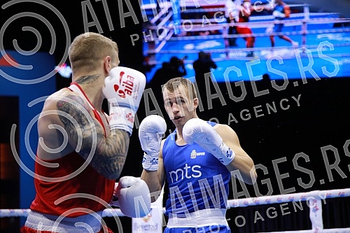 2021 Olympic Boxing World Championships - Stark Arena. Round 32, Light Heavyweight (80kg), Kaan Aykutsun(Turkey) (RED) vs Vladimir Mironchikov (Serbia).Svetsko prvenstvo u olimpijskom boksu 2021 - Stark arena.