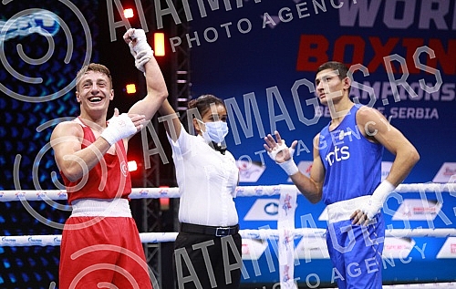 2021 Olympic Boxing World Championships - Stark Arena. Round 32, Light Welterweight (63.5kg), Kerem Oezmen (Turkey) (RED) vs Pavel Fedorov (Serbia).Svetsko prvenstvo u olimpijskom boksu 2021 - Stark arena.