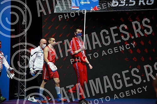 2021 Olympic Boxing World Championships - Stark Arena. Round 32, Light Welterweight (63.5kg), Mateo Komadina (Croatia) (RED) vs Denys Pesotskyy (Ukraine).Svetsko prvenstvo u olimpijskom boksu 2021 - Stark arena.