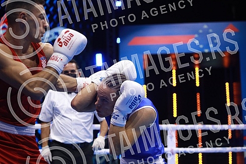2021 Olympic Boxing World Championships - Stark Arena. Round 32, Men's Middle (75kg), Gabrijel Veocic (Croatia) (RED) vs Leo Cvitanovic (Bosnia and Herzegovina).Svetsko prvenstvo u olimpijskom boksu 2021 - Stark arena.