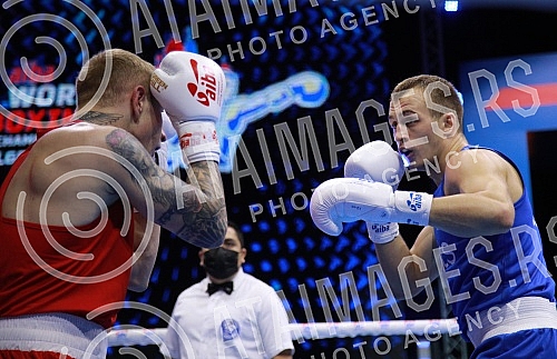 2021 Olympic Boxing World Championships - Stark Arena. Round 32, Light Heavyweight (80kg), Kaan Aykutsun(Turkey) (RED) vs Vladimir Mironchikov (Serbia).Svetsko prvenstvo u olimpijskom boksu 2021 - Stark arena.