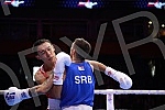 2021 Olympic Boxing World Championships - Stark Arena. Round 16, Minimumweight ( 46 - 48kg), Temirtas Zhussupov (Kazakhstan) (RED) vs Omer Ametovic (Serbia). Svetsko prvenstvo u olimpijskom boksu 2021 - Stark arena.