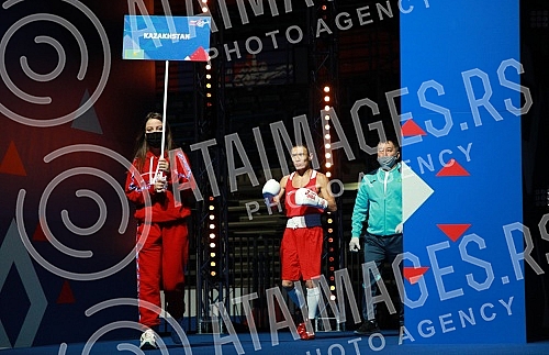 2021 Olympic Boxing World Championships - Stark Arena. Round 16, Minimumweight ( 46 - 48kg), Temirtas Zhussupov (Kazakhstan) (RED) vs Omer Ametovic (Serbia). Svetsko prvenstvo u olimpijskom boksu 2021 - Stark arena.