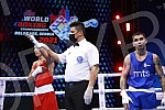 2021 Olympic Boxing World Championships - Stark Arena. Round 16, Minimumweight ( 46 - 48kg), Temirtas Zhussupov (Kazakhstan) (RED) vs Omer Ametovic (Serbia). Svetsko prvenstvo u olimpijskom boksu 2021 - Stark arena.