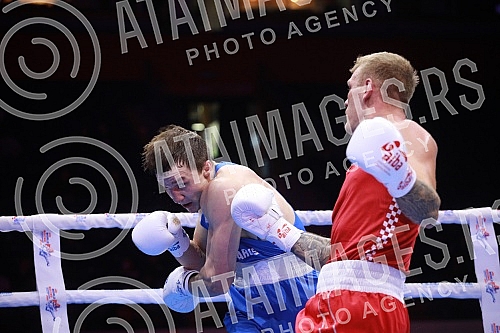 2021 Olympic Boxing World Championships - Stark Arena. Round 32, Light Heavyweight (80kg), Luka Plantic (Croatia) (RED) vs Aliaksei Alfiorau (Belarus). Svetsko prvenstvo u olimpijskom boksu 2021 - Stark arena.