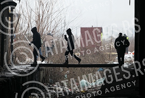 Abandoned hangar behind the bus and train station where the migrants from war-torn countries (Middle East) have found refuge on the road to European Union countries.Napusteni hangar iza autobuske i zelezniccke stanice na kome su migranti iz ratom za