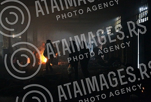 Abandoned hangar behind the bus and train station where the migrants from war-torn countries (Middle East) have found refuge on the road to European Union countries.Napusteni hangar iza autobuske i zelezniccke stanice na kome su migranti iz ratom za