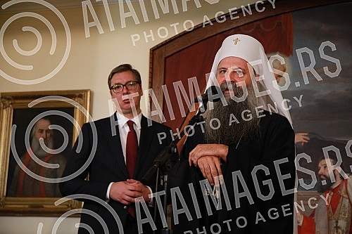 The President of the Republic of Serbia, Aleksandar Vucic, met in the premises of the Serbian Patriarchate with His Holiness Patriarch Porphyry of Serbia, on the occasion of the 80th anniversary of the establishment of the concentration system and de