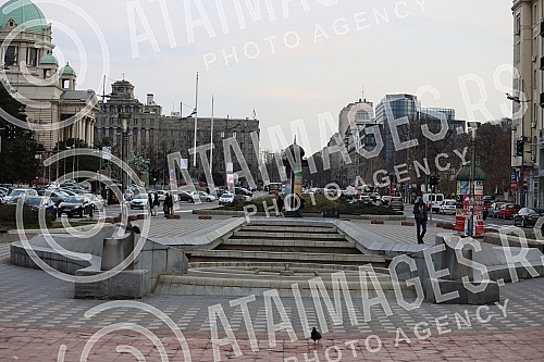 View from Nikola Pasic Square towards the buildings of the National Assembly and the Post of Serbia.Pogled sa Trga Nikole Pasica ka zgradama Narodne skupstine i Poste Srbije.