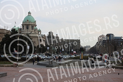 View from Nikola Pasic Square towards the buildings of the National Assembly and the Post of Serbia.Pogled sa Trga Nikole Pasica ka zgradama Narodne skupstine i Poste Srbije.