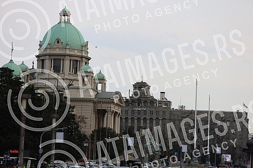 View from Nikola Pasic Square towards the buildings of the National Assembly and the Post of Serbia.Pogled sa Trga Nikole Pasica ka zgradama Narodne skupstine i Poste Srbije.