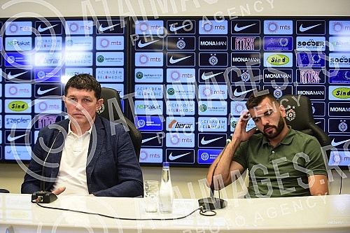 Gordan Petric, coach of FC Partizan and Igor Vujacic, player, held a press conference on the occasion of the upcoming Conference League playoff match against FC Hamrun SpartansGordan Petric, trener FK Partizan i Igor Vujacic, igrac, odrzali su konf