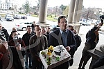 Nemanja Sarovic, leader of the Faith, Love, Hope movement, brought a cake for Goran Vesic for his birthday, which presented symbols of Vesic's leadership of Belgrade - a yellow excavator, demolition in Herzegovina, destruction of institutions, destru