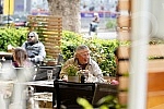 Actor Zijah Sokolovic drinks coffee in the garden of the Sumatovac restaurant despite the cold weather.Glumac Zijah Sokolovic uprkos prohladnom vremenu u basti restorana Sumatovac pije kafu.