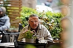 Actor Zijah Sokolovic drinks coffee in the garden of the Sumatovac restaurant despite the cold weather.Glumac Zijah Sokolovic uprkos prohladnom vremenu u basti restorana Sumatovac pije kafu.