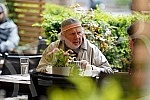 Actor Zijah Sokolovic drinks coffee in the garden of the Sumatovac restaurant despite the cold weather.Glumac Zijah Sokolovic uprkos prohladnom vremenu u basti restorana Sumatovac pije kafu.